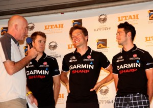 Daved Towle with Garmin-Sharp's Peter Stetina, David Zabriskie, and Nathan Haas (l to r) in Tour of Utah presentation