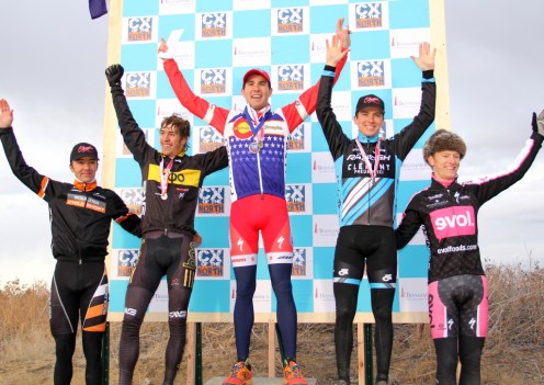 2012 Colorado cyclocross champs podium (l - r) Dwight 5th, Trujillo 3rd, Eckmann 1st, Krughoff 2nd, Powlison 4th