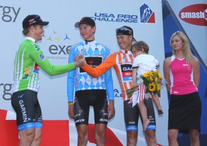 The final 2012 USA Pro Challenge podium, Farrar and Danielson celebrate, Joe Dombrowski looks on