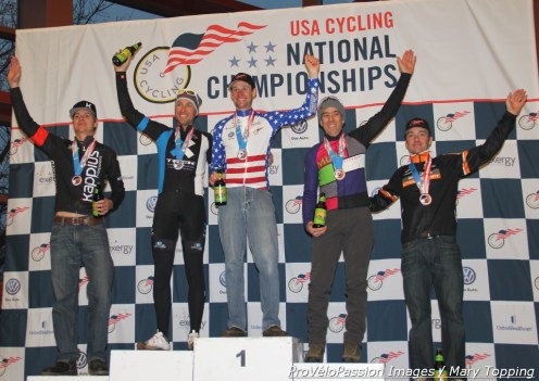 Master's 40-44 2013 'cross podium (l - r) Ed Baker 4th, Mark Savery 2nd, Pete Webber 1st, Michael Yozell 3rd, Brandon Dwight 5th
