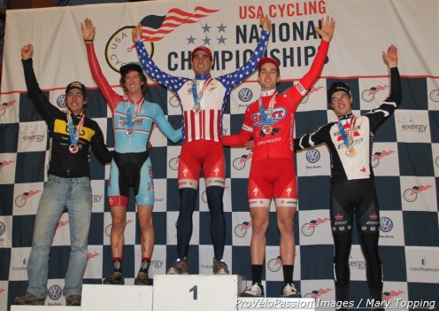 2013 U23 'cross nationals podium (l - r) Skyler Trujillo 4th, Andrew Dillman 2nd, Yannick Eckmann 1st, Tobin Ortenblad 3rd, Joshua Johnson 5th