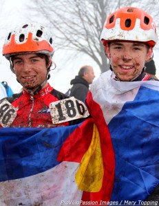 Stephenson and Bailey (l - r) celebrate after placing 1st and 4th in the juniors 13-14 'cross nationals race