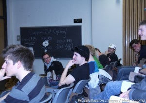 University of Colorado at Boulder Cycling Team audience listens to Timmy Duggan