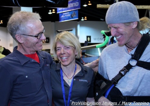 Kent Eriksen, Katie Eriksen, and national and world champion Steve Tilford share a laugh at the NAHBS in Denver