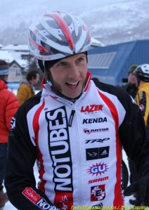 Jake Wells after winning the 2013 snow-crit. The aero shell cover on his Lazer helmet keeps moisture out and heat in.