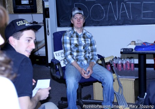Timmy Duggan waits for audience questions after speaking at a fund-raiser for the CU Cycling Team