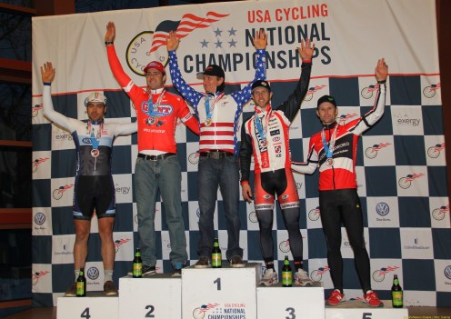 2013 cyclo-cross nationals 35 to 39 podium (l to r): Alec Donahue 4th, Justin Robinson 2nd, Russell Stevenson 1st, Jake Wells 3rd, Brian Wilichoski 5th
