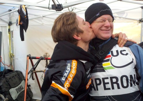 Russell Stevenson's joy after becoming a cyclo-cross masters world champion extended to the UCI chaperone (photo by David Weber)