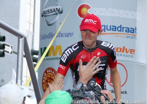 Tejay van Garderen greets people at the 2012 USA Pro Challenge final podium in Denver