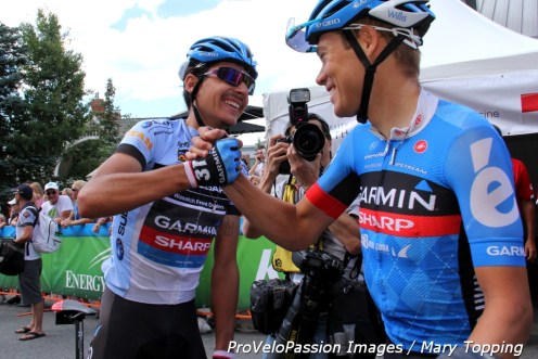 Lachlan Morton and Tom Danielson celebrate after Danielson wins the 2013 Tour of Utah
