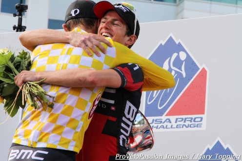 Winner Tejay van Garderen thanks teammate Mathias Frank on the 2013 USA Pro Challenge podium in Denver, Colorado