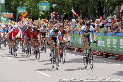 Damien Howson (center) at the front in the Cedar City, Utah finishing circuit, 2013 Tour of Utah stage 1 