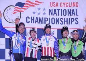 Men's elite podium, 2013 cyclocross nationals. Danny Summerhill 4th, Zach McDonald 2nd, Jonathan Page 1st, Jamey Driscoll 3rd, Tim Johnson 5th