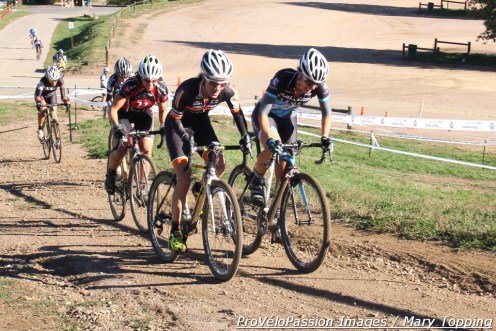 Kristin Weber (Boulder Cycle Sport) passed Rebecca Gross (Raleigh-Clement) on the long hill before the descent down to the bottom of the course