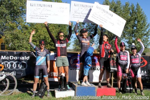 Primalpalooza women's open podium (l-r) Rebecca Gross (Raleigh-Clement) 5th, Caitlyn Vestal (Feedback Sports) 3rd, Kristin Weber (Boulder Cycle Sport) 1st, Rebecca Blatt (Van Dessel Sports) 2nd, Jess D'Amato (Evol Foods) 4th