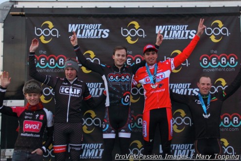 Cyclo-X Westminster men's elite podium (l-r) Spencer Powlison 4th, Maxx Chance 3rd, Chris Baddick 1st, Robin Eckmann 2nd, Steven Stefko 5th