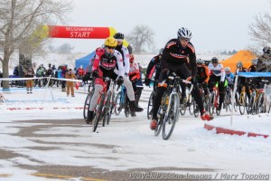 First turn in the men's elite race at Cyclo-X Boulder Reservoir