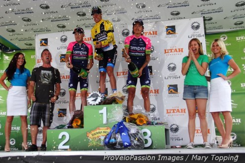 2014 Tour of Utah overall podium (l-r): Chris Horner 2nd, Tom Danielson 1st, Winner Anacona Gomez 3rd