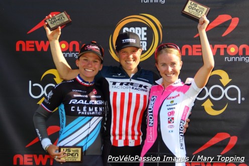 US Open of Cyclocross women's elite podium (l-r): Caroline Mani 2nd, Katie Compton 1st, Chloe Woodruff 3rd.