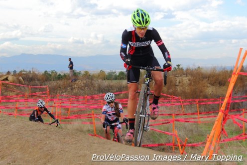 Caitlyn Vestal leads junior Katie Clouse and Amanda Miller midway into the women's elite race at 2014 Cross of the North day 2