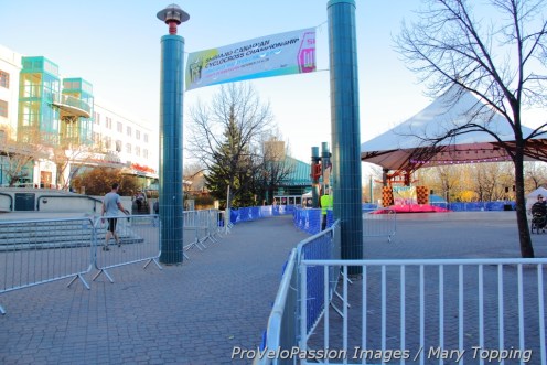 Inlaid stones form the surface in The Forks marketplace where the podium waits