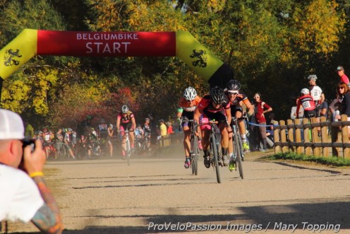 Kate Powlison holds off Kristin Weber in the sprint for fifth at Valmont Bike Park