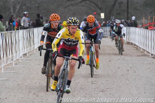 Allen Krughoff arrives eleven seconds later than Trebon et al, held up by a crash after the start