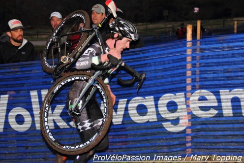 Zach McDonald running after the upslope barriers late in the race
