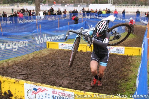 By the end of lap one Katie Compton is off the front with Rachel Lloyd trying to catch up