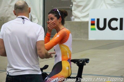 A guess at the cause of Evelyn Stevens' reaction after one hour of suffering: just 200 meters off Jeannie Longo's all-time record!